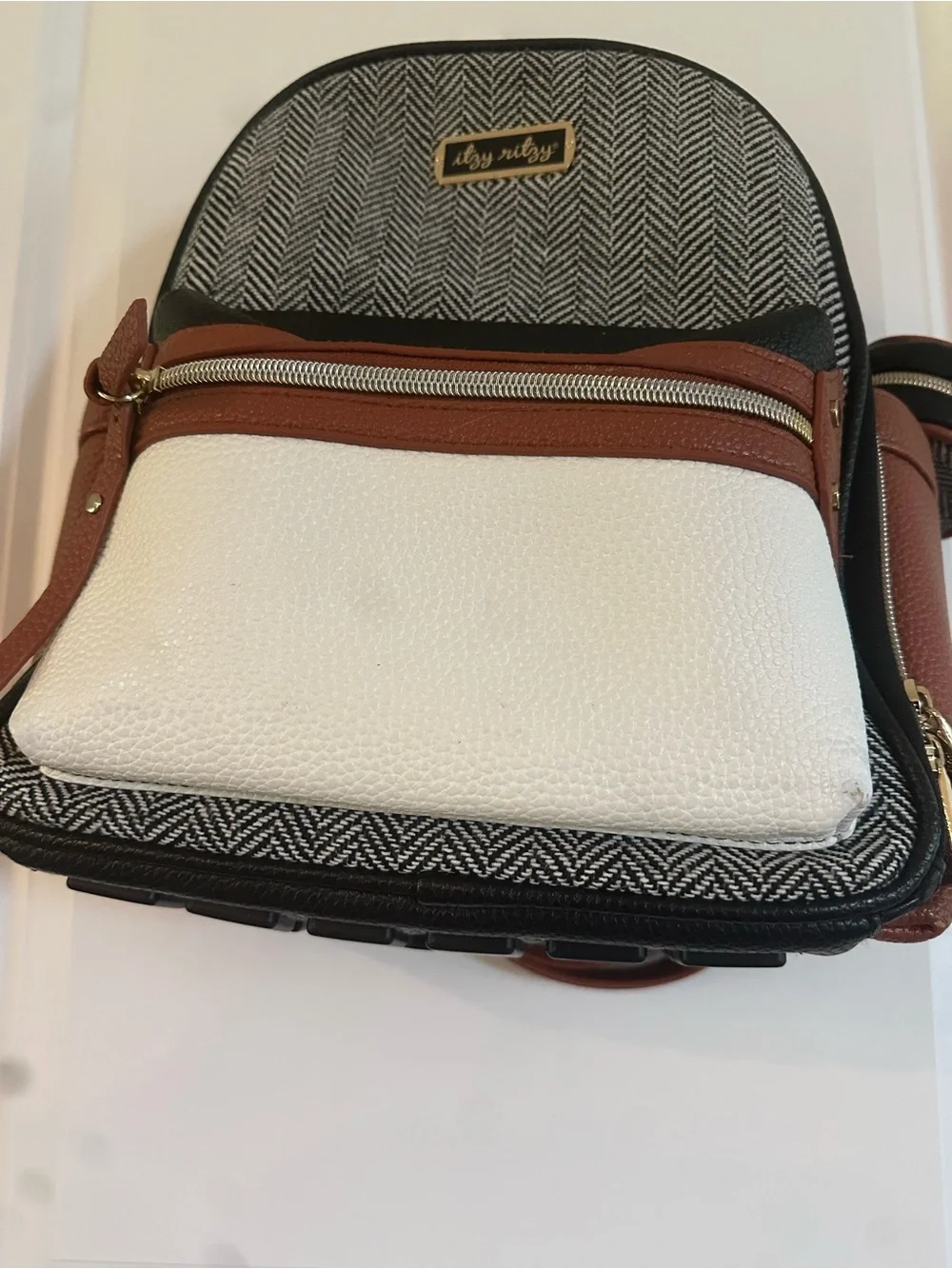 Itzy Ritzy Black, Brown & White Herringbone Mini Backpack